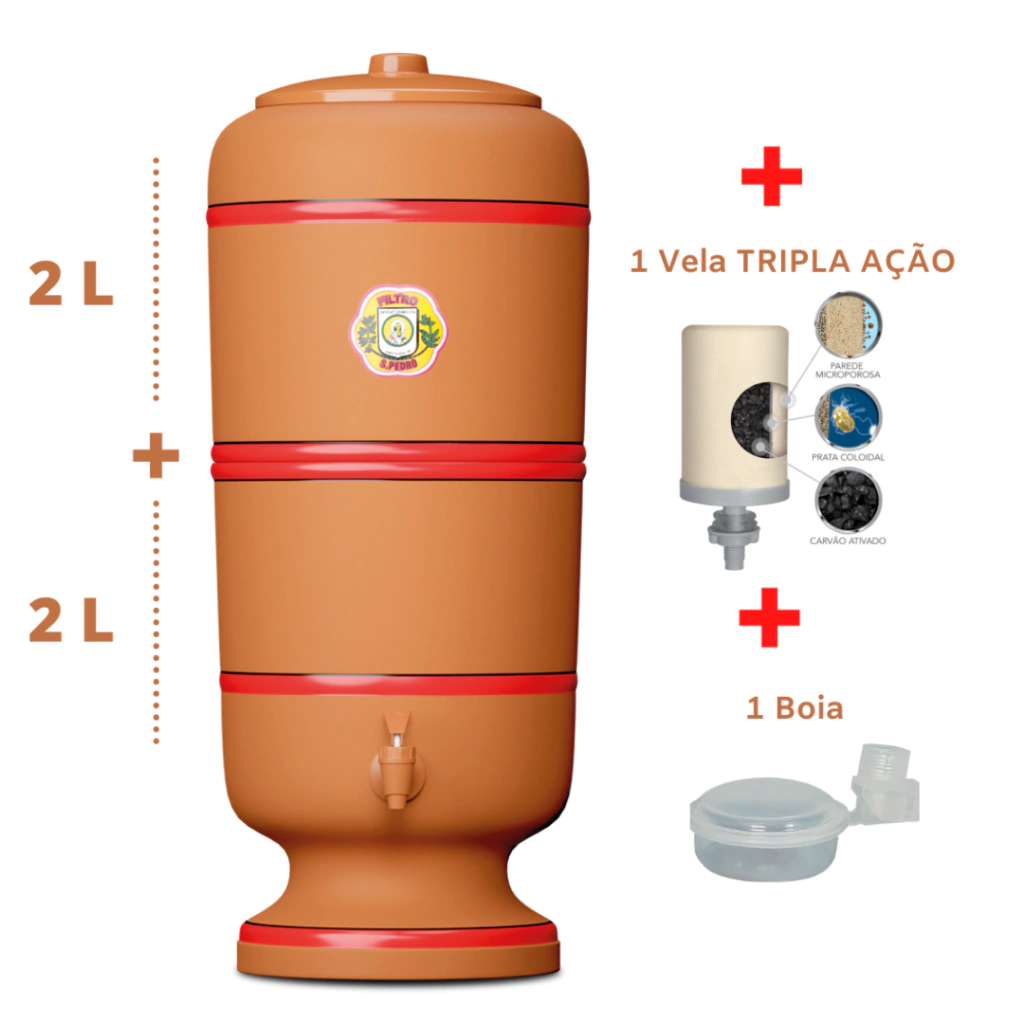 Filtro de Barro São Pedro - 2 litros + 1 vela Tripla Ação